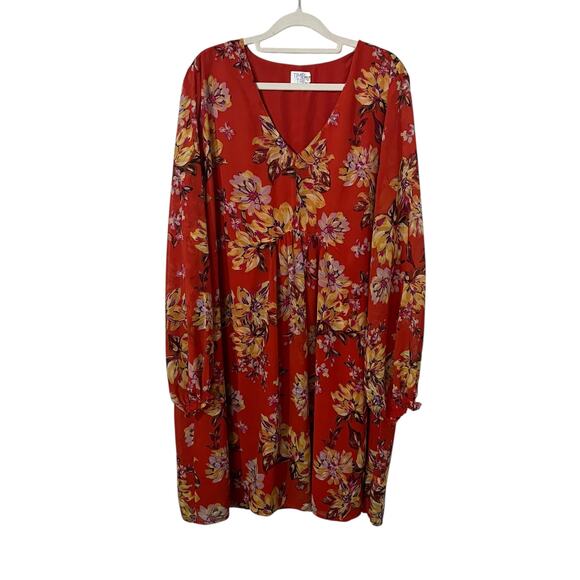 Women's Knee Length Dress Long Sleeve 2X Orange Floral Peasant Cottagecore - Picture 2 of 8